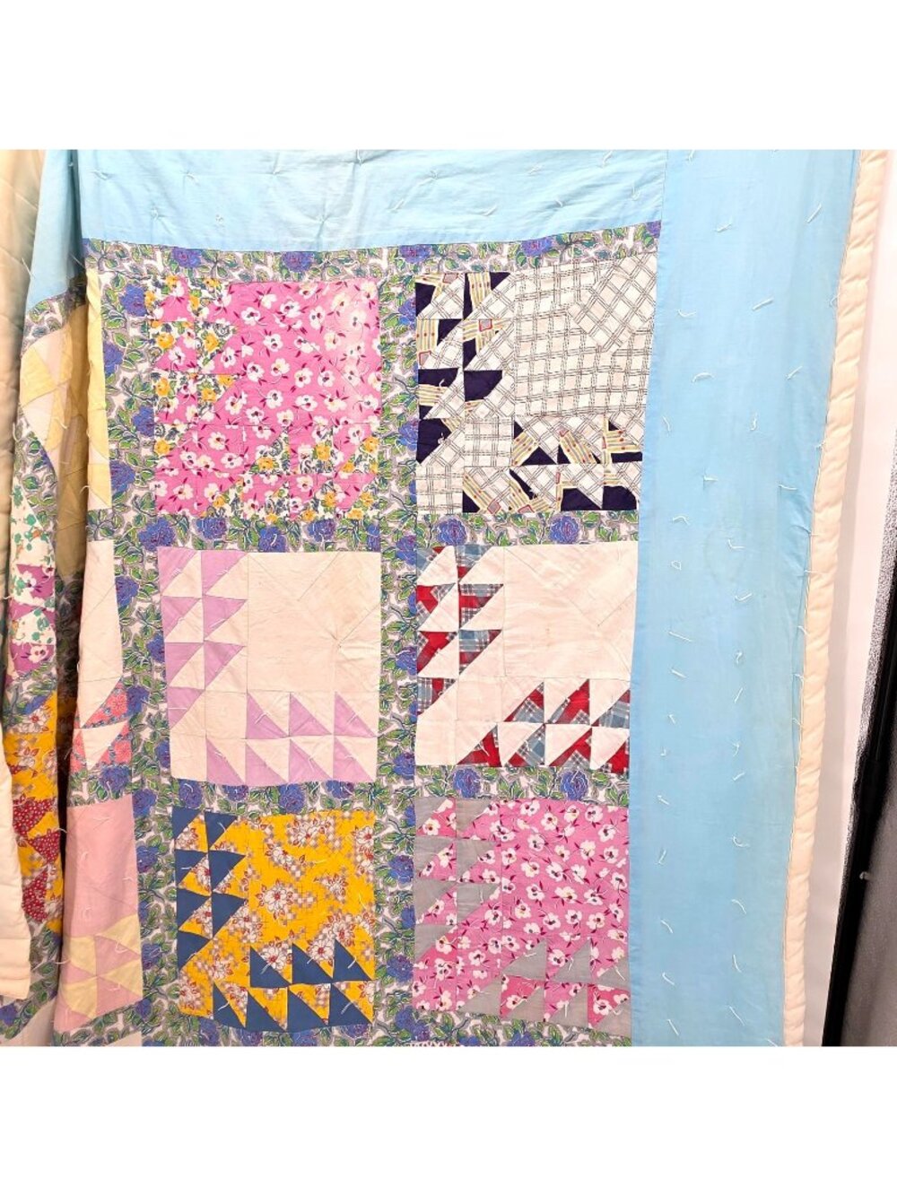Vintage Handmade Patchwork Quilt Queen Jacobs Ladder Blue 82" x 100" HAND TIED